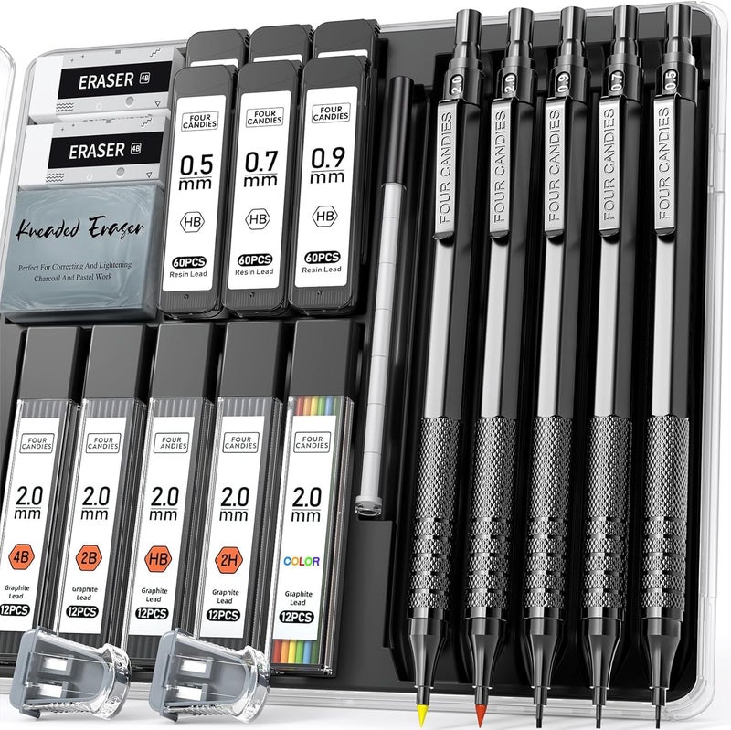 Four Candies Metal Mechanical Pencil Set, 3PCS Art Drafting Pencils 0.5, 0.7, 0.9MM & 2PCS 2MM Mechanical Drawing Pencils with 420PCS Leads (4B 2B HB 2H Color) for Writing Sketching Drawing (Black) - Image 1
